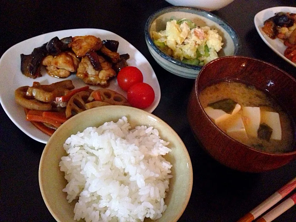 Snapdishの料理写真:鶏肉と茄子の豆板醤炒め☆蓮根にんじんのきんぴら☆ポテトサラダ☆お味噌汁☆|Milfeliceさん