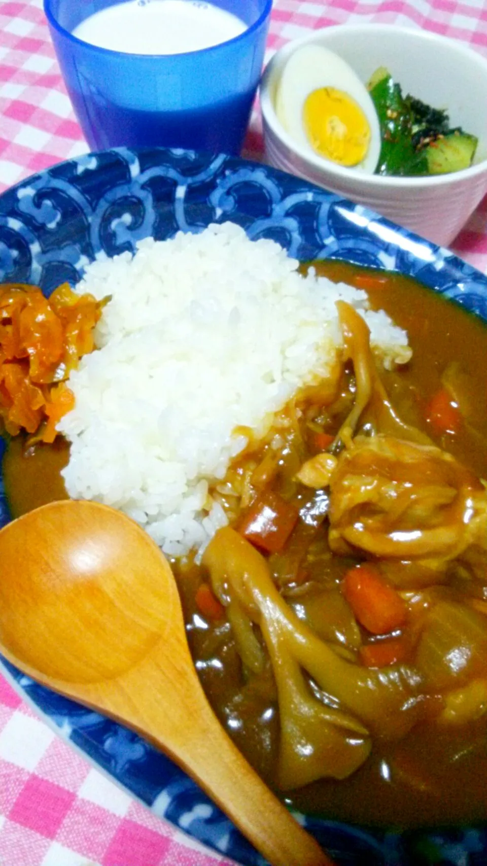 Snapdishの料理写真:カレーライス(鶏手羽元･玉葱･人参･舞茸･生姜･にんにく)、サラダ(きゅうり･わかめ･白ごま･ゆで卵)|まあるさん