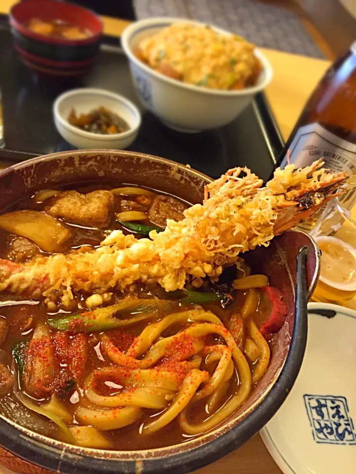 Snapdishの料理写真:＠えびすや「海老天入り鍋焼き味噌うどん♪ どえりゃ〜うみゃあ！😄」|TETSU♪😋さん