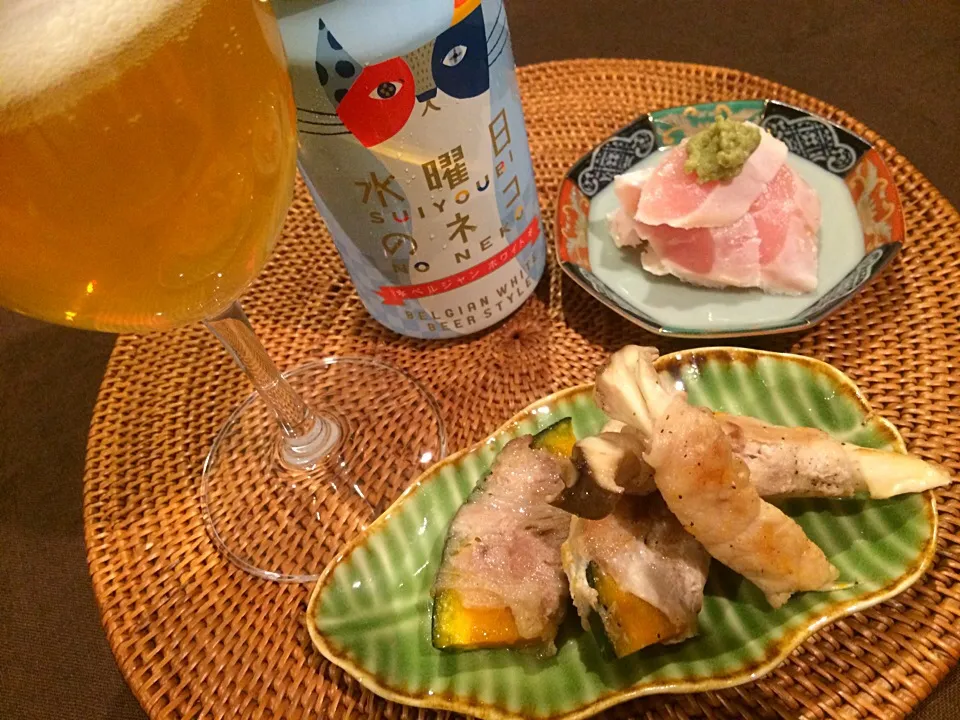 水ネコで乾杯~☆かぼちゃとエリンギの肉巻き、鶏わさでお疲れ様~( ´ ▽ ` )ﾉ|acoさん