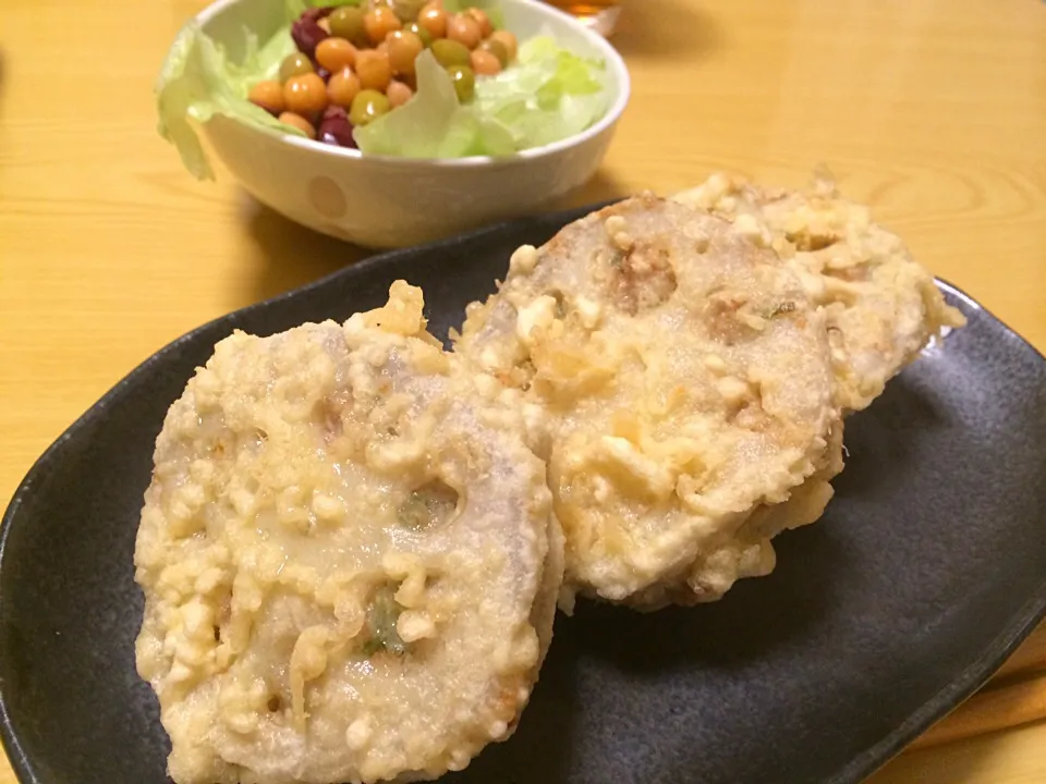 蓮根はさみ揚げ、ミックス豆サラダ。|liccaさん