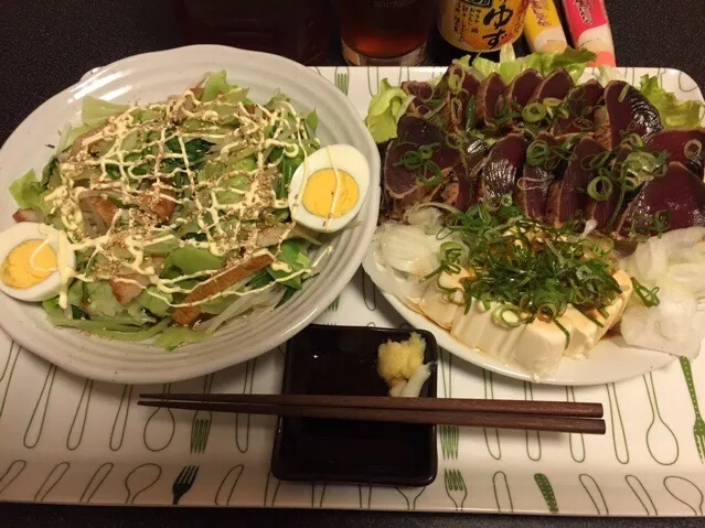 平天麺つゆ温野菜、ゆで卵、カツオのたたき、スライス玉ねぎ、冷奴！꒰#'ω`#꒱੭✨|サソリさん