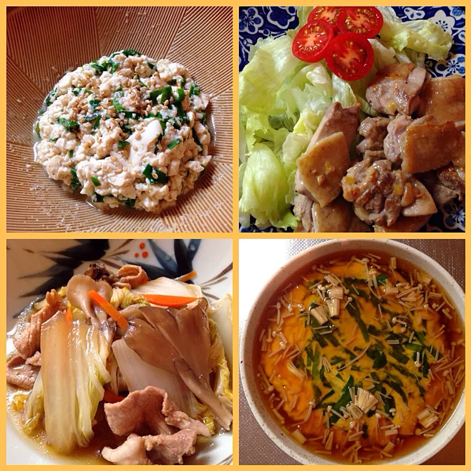 今夜の献立は昨日のお鍋で残った具材で作りました( ^ω^ )  九条ねぎと木綿豆腐の白和え、鶏モモ肉のレモン塩ソテー、白菜と舞茸と豚肉の煮浸し、餡掛けニラ玉です。|黒パグ.ヨシコさん