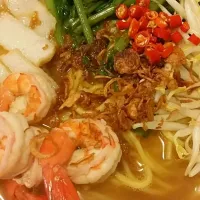 Asian prawn noodles. Sweet, pungent broth made from prawn shells and heads, chicken bones and star anise, boiled for 3 hours.|Ilya Ibrahimanさん