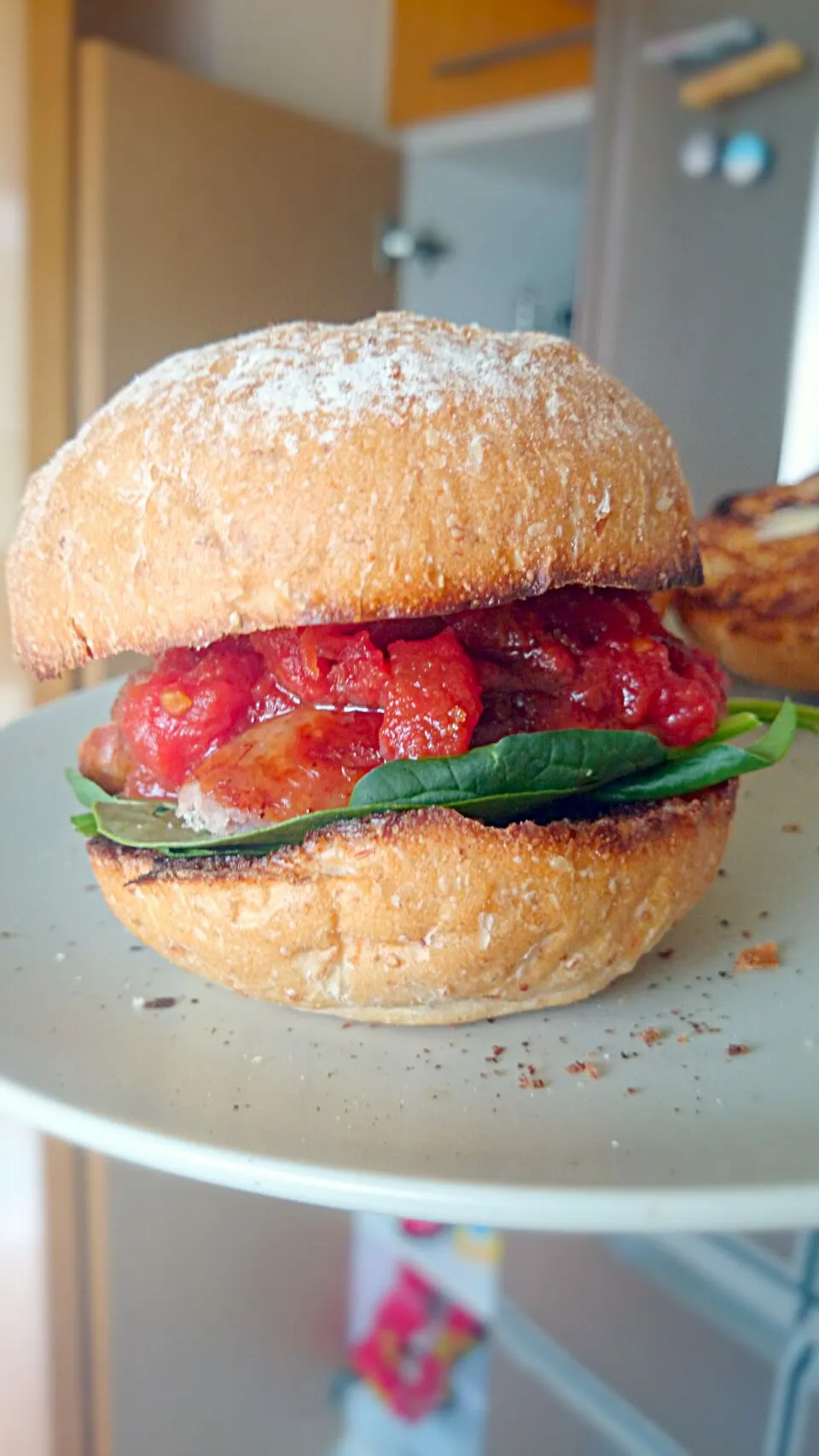 posh #sausagebap with #homemade #spicy #ketchup, #babyspinach and traditional #cumberland #sausage|rachさん