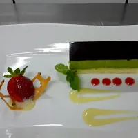 greentea mousse cake topped with chocolate glassing serve with vanilla sauce|David Kristiantoさん