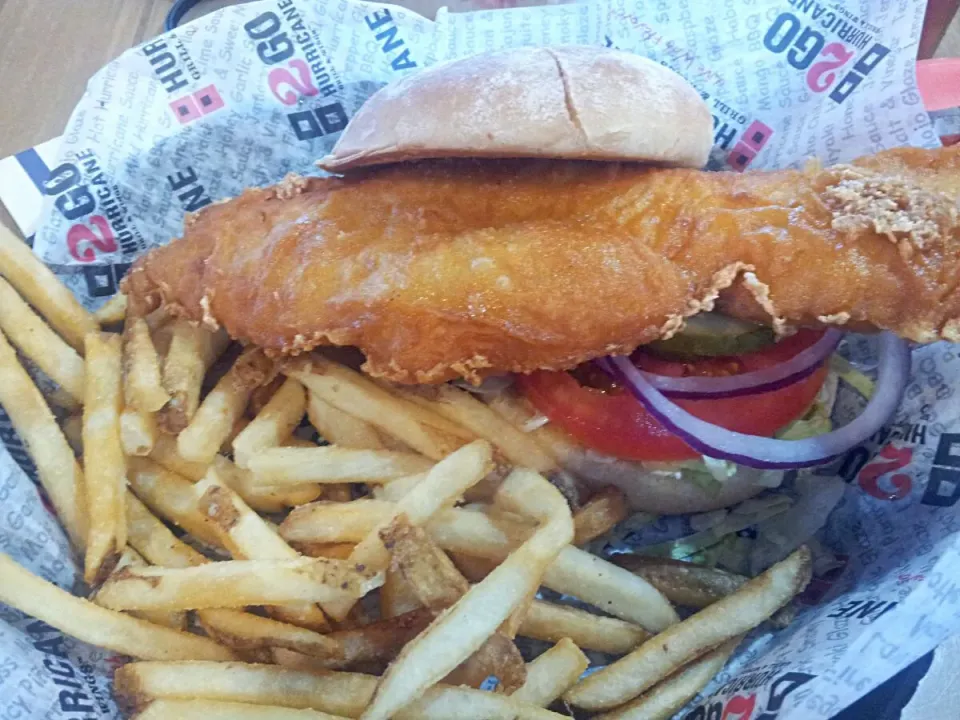 Snapdishの料理写真:beer battered fish sandwich and french fries|Elizabeth C.さん