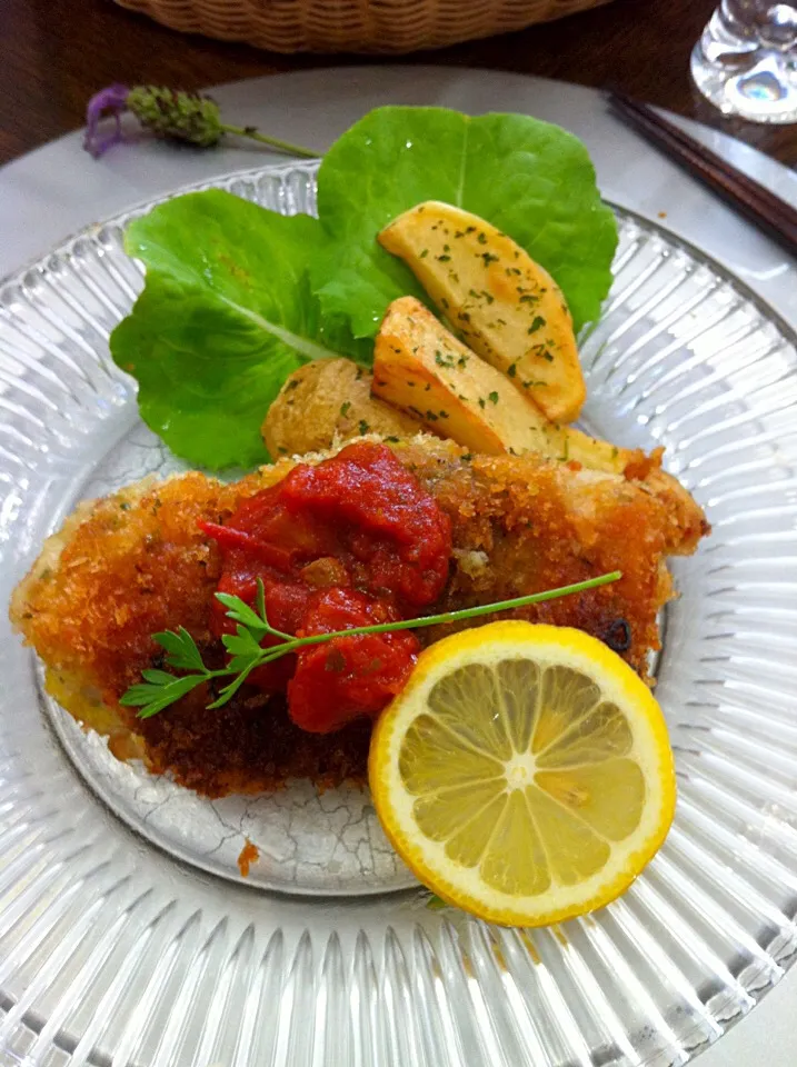 チキンのパン粉焼き、皮と身の間に生椎茸をサンドしました。|BerryBerryさん