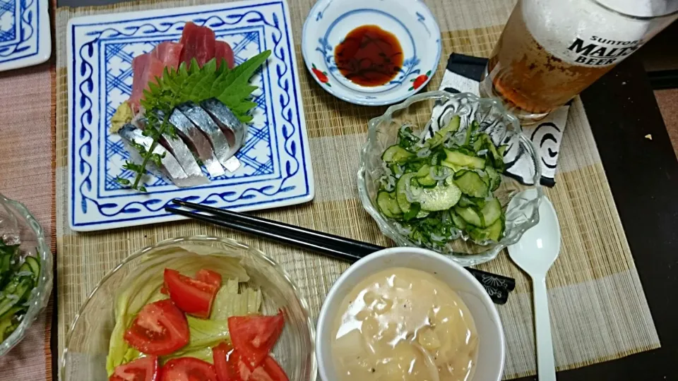 トマトサラダ＆マグロとシメサバ＆胡瓜の酢の物|まぐろさん