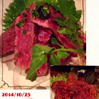 Snapdishの料理写真:見蘭牛のたたき＆野菜と魚のてんぷら