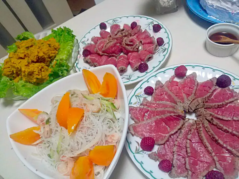 pumpkin salad, harusame noodle salad, roast beef|えみいさん