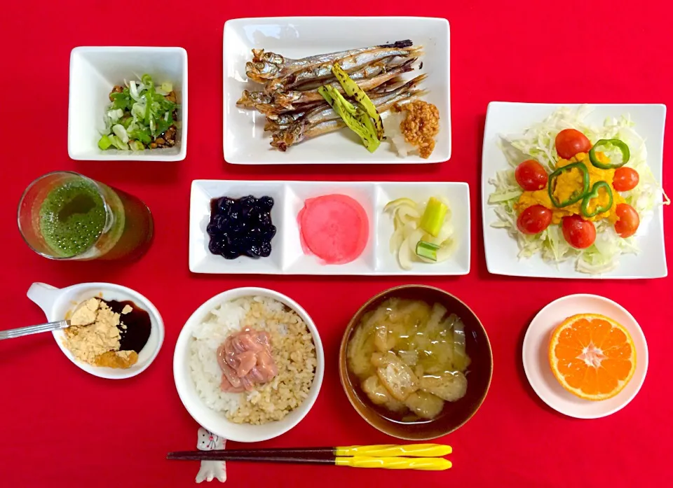 朝ごはんは勝負飯^o^はみちゃん定食❗️ししゃもの焼魚、納豆、かぼちゃサラダ、黒豆、大根紅生姜漬け、玉ねぎらっきょ漬け、プルーンジャムきな粉ヨーグルト、玄米白米半半ごはんに塩辛、キャベツと揚げの味噌汁^_−☆バランスGOOD❗️|はみちゃんさん