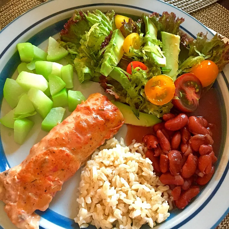 Enchiladas with brown rice and beans, salad, and xuxu|victoria valerioさん