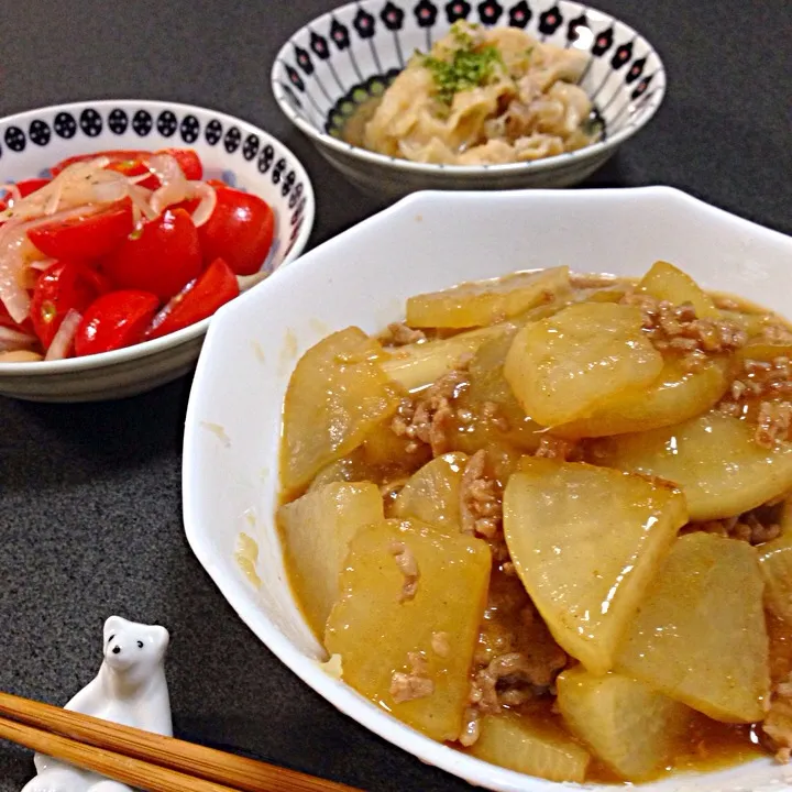 大根のひき肉あんかけ、鶏皮ポン酢、ミニトマトのマリネ|tel meさん