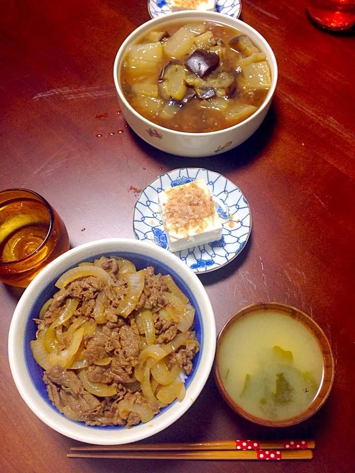 牛丼&冬瓜とナスのあんかけ煮&冷奴&味噌汁💓|あゆかさん