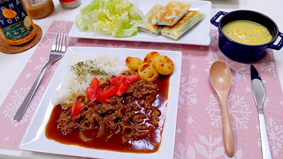 今日の夕食 ハヤシライス、イタリアン春巻き、コーンスープ|pinknari🐰🌈さん