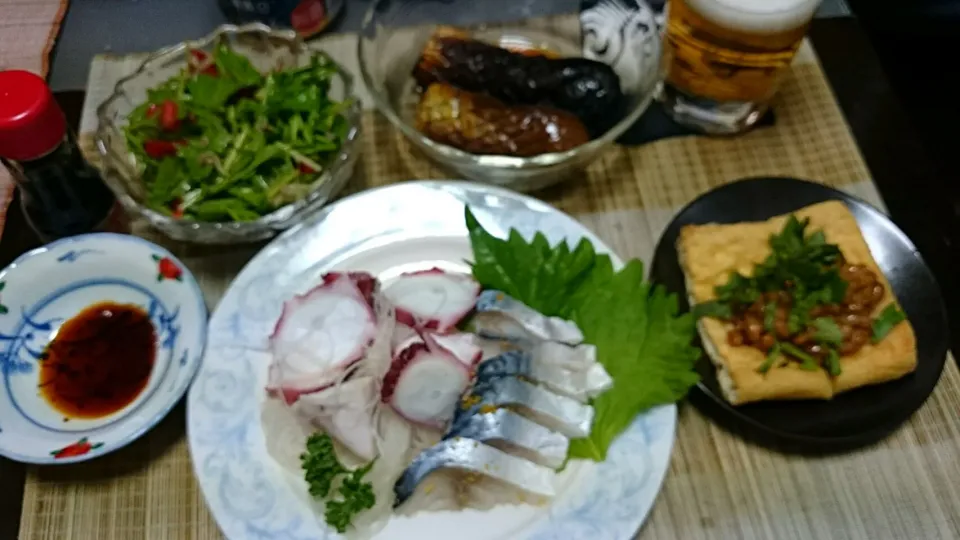 水菜とじゃこのサラダ＆ナスの煮浸し＆バクダン＆タコとシメサバ|まぐろさん