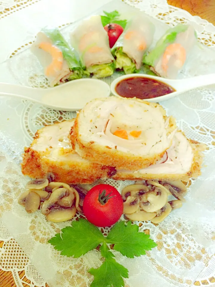 ベトナムの新鮮な春巻きとチキンコルドン·ブルーVietnamese fresh spring rolls #Chicken cordon bleu w/mushroom sauce😋🍴|MJ🇵🇭🇯🇵さん