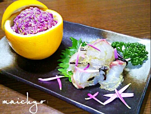 まちこさんの菊三種と鯛の昆布締め風|maichyoさん