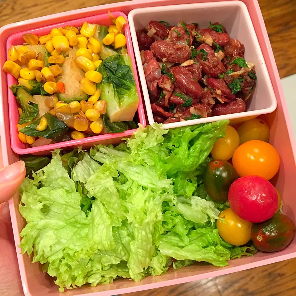 Vegan bowl: lettuce, baby heirloom tomatoes, kidney beans sautéed in garlic, and a brussels sprouts & corn medley infused with a balsamic vinaigrette|victoria valerioさん