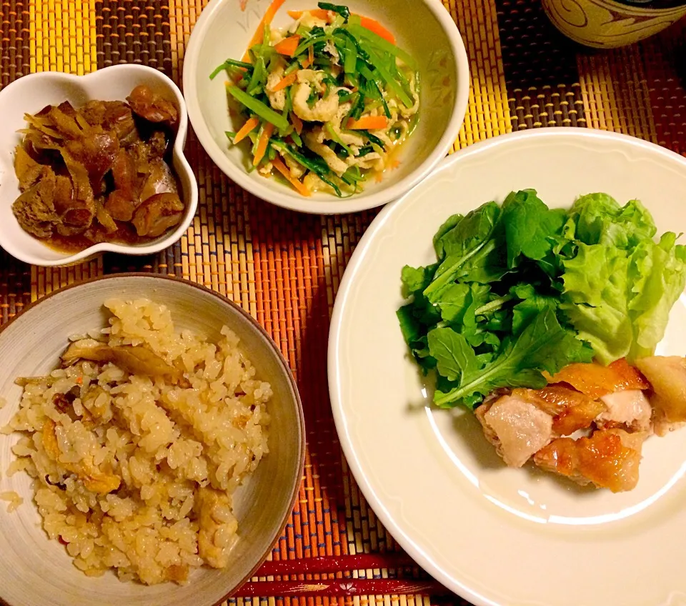 パリパリ！鶏の塩焼き、壬生菜と揚げのお浸し、鶏レバーの生姜煮、炊き込み御飯|あんなさん