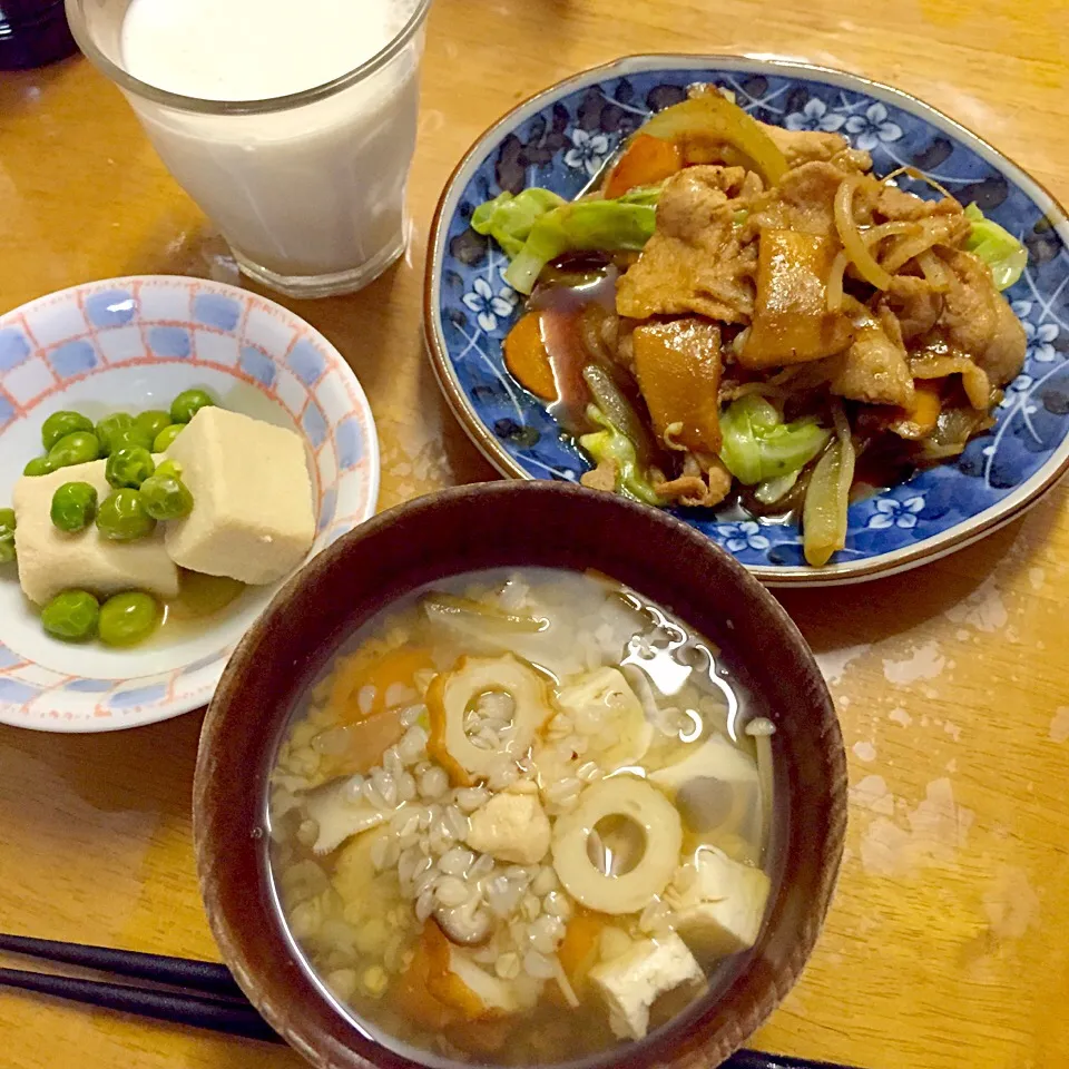 蕎麦米汁、高野豆腐、豚肉炒め|maixx ใหม่さん