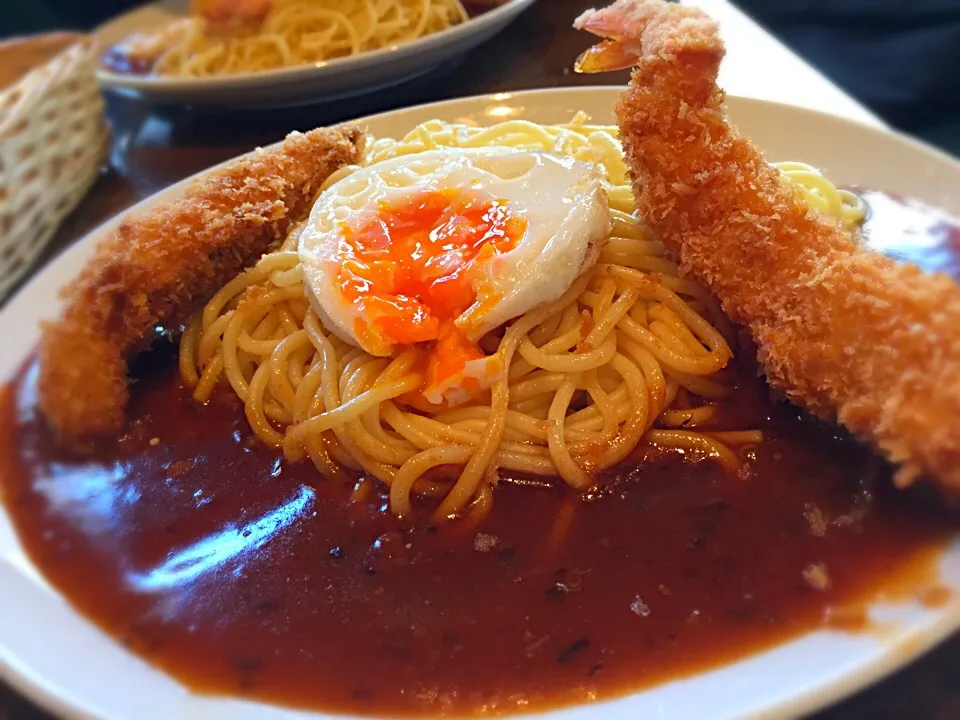 ＠錦一丁目🍅TOMATO🍅「あんかけスパゲッティー☆海老ふりゃあ🍤＆目玉焼き🍳トッピンgoo！😄」|TETSU♪😋さん