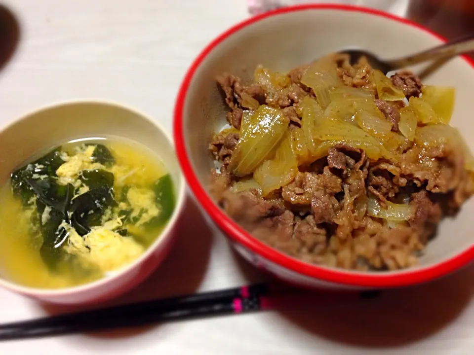 牛丼、わか玉スープ|さあさん