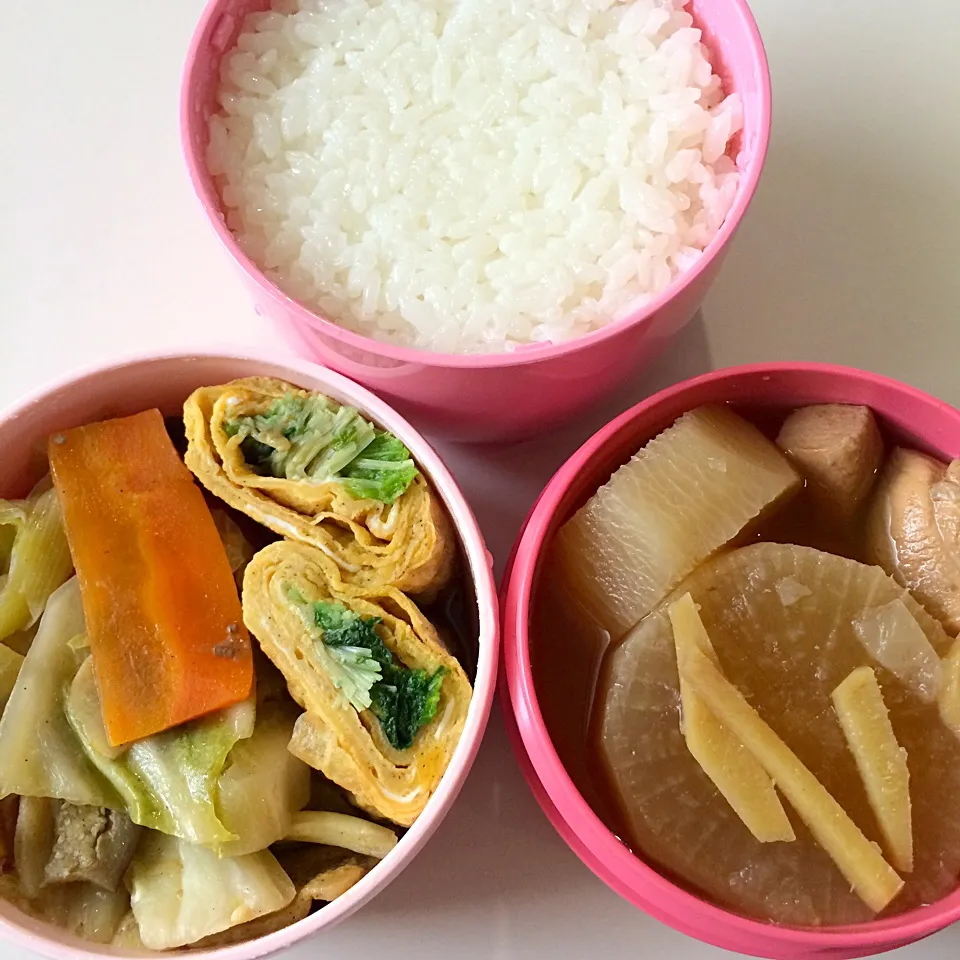 Snapdishの料理写真:野菜炒め、豆苗とほうれん草の卵焼き、大根と鶏肉のあっさり煮。|Snack PIYOさん