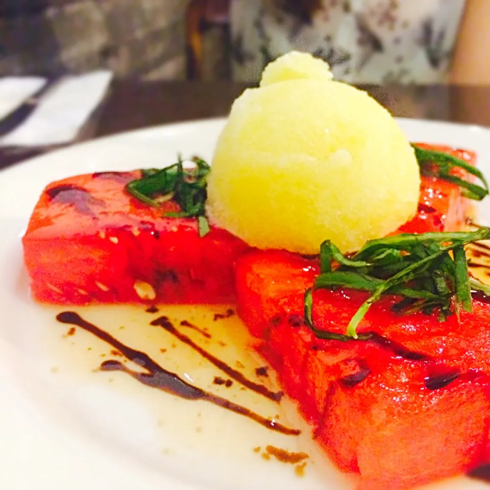 Pan seared watermelon with pineapple sorbet|Tinky 🍒さん