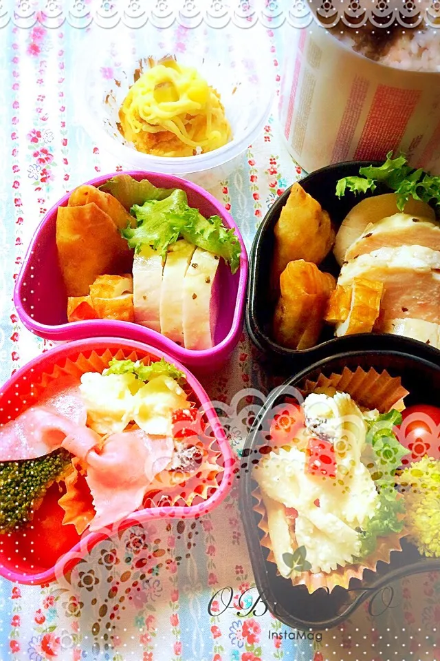 今日のお弁当  鶏ハム、サモサ、リボンパスタサラダ。|72roseさん