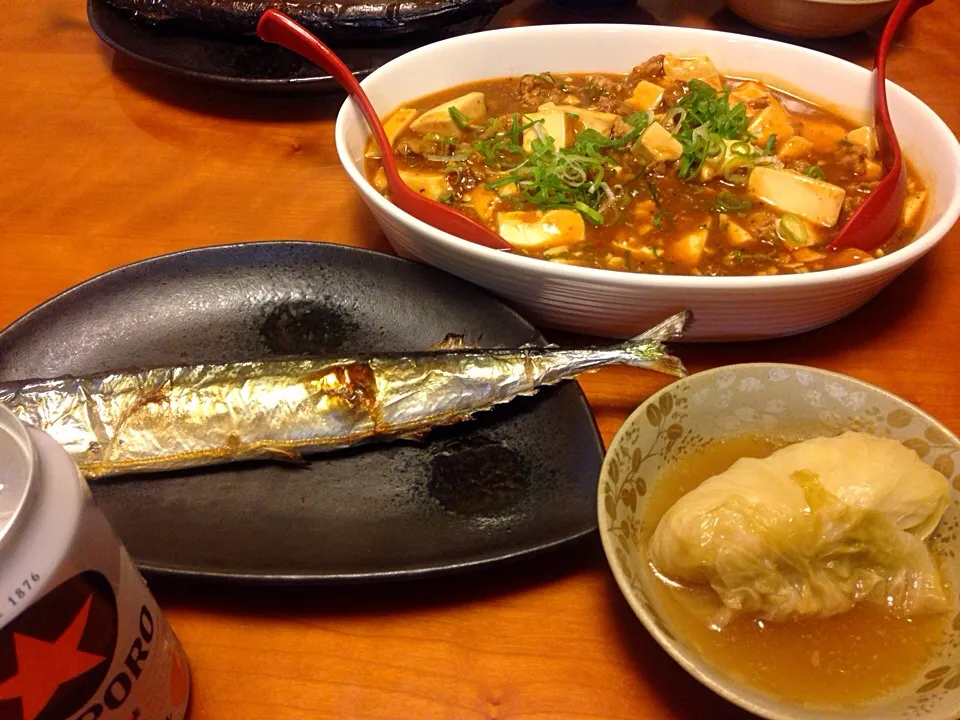 麻婆豆腐  サンマ塩焼き  残り物のロールキャベツ…💧|みゆさん