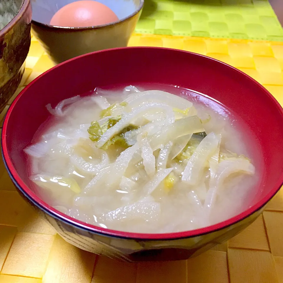 切り干し大根と白菜の浅漬けと玉ねぎのお味噌汁|舐め子さん