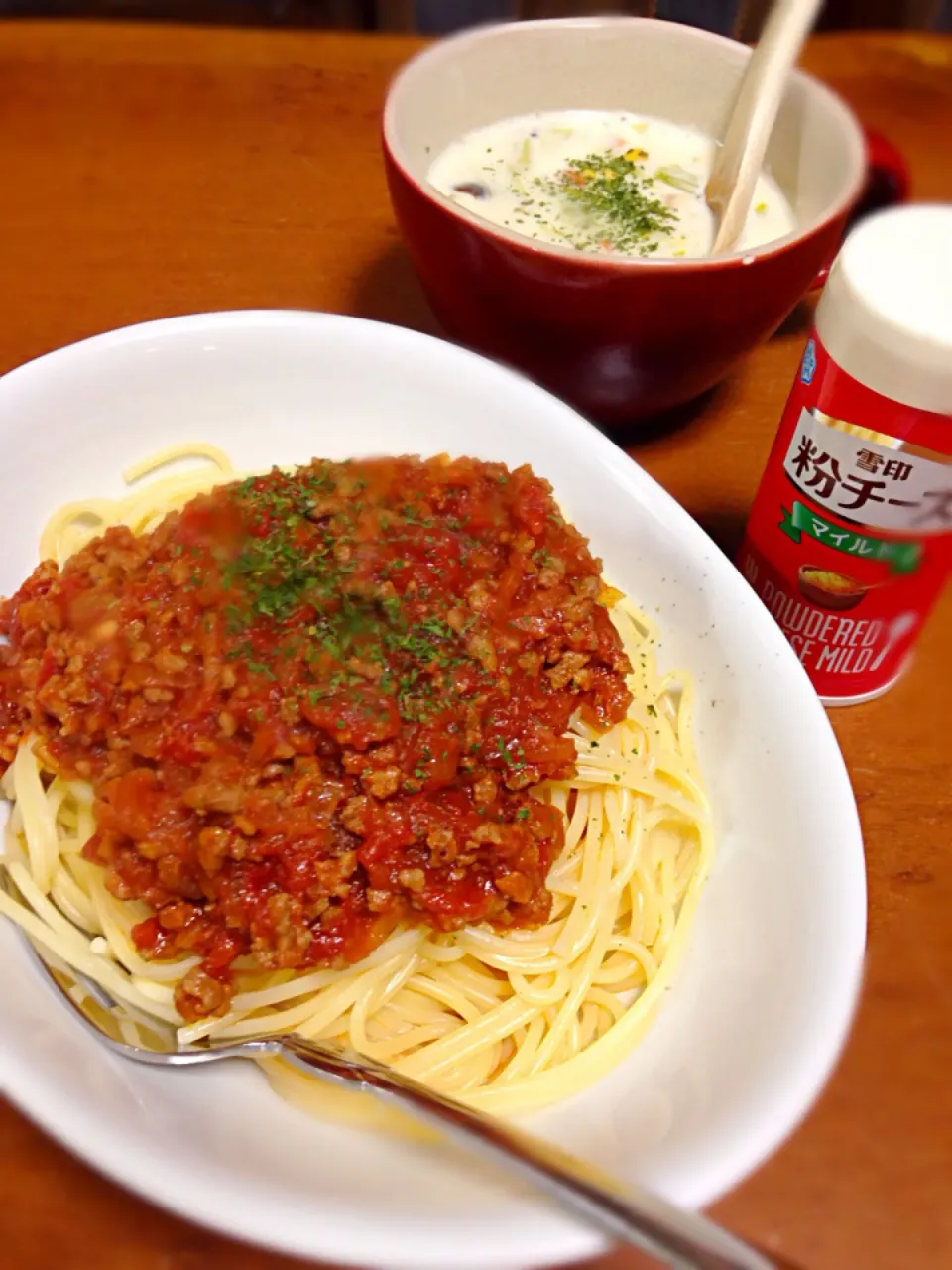 和風ミートスパ🍝と野菜チャウダー|ashushikaママ♡さん