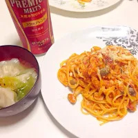 プレモルと❤︎カニスパと中華スープ|からしーさん