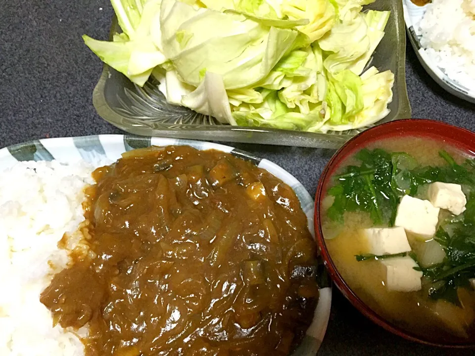 フライパンカレー、やみつきサラダ、味噌汁(豆腐春菊長葱味噌)|ms903さん