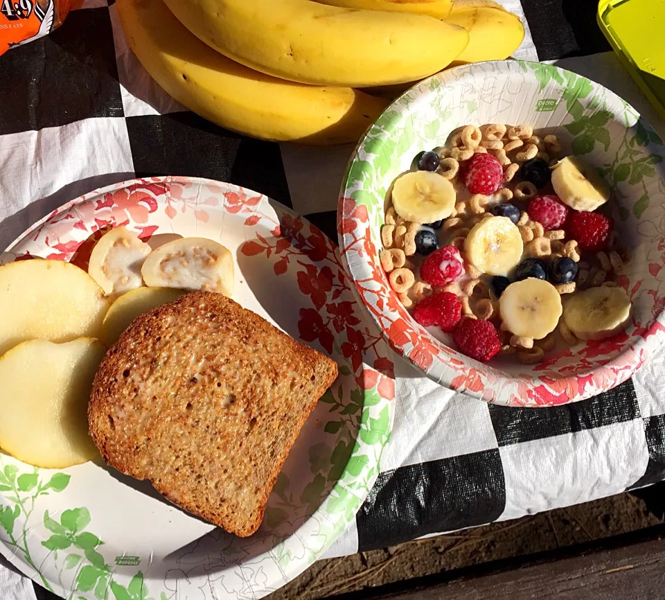 Cheerios with almond milk, banana & berries. Side of Ezekiel bread toast with earth a balance butter, pears and guava.|victoria valerioさん