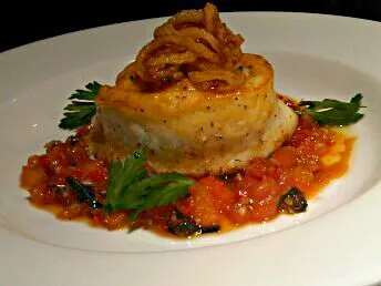 caramelized dover sole roulade with tomato confit pomodoro and crispy onions|TheEffinChefさん