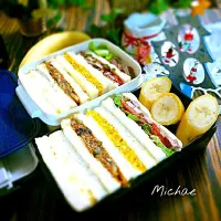 サンドイッチ弁当×２
＊マヨ卵
＊茄子ミートチーズ
＊南瓜サラダ
＊ローストビーフサラダ
+バナナ