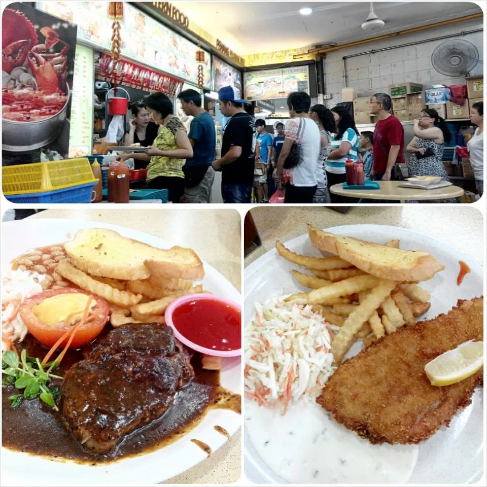 Snapdishの料理写真:Dinner with mommy.
Rideye steak and fish & chip at a popular stall.|秋平さん