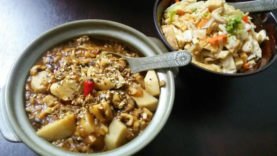 まちまちこさんの麻婆豆腐を里芋で！肉なしきのこ4種餡かけ♪
油揚げ・厚揚げと白菜のたくさん食べれるバージョン♪|ゆっこさん