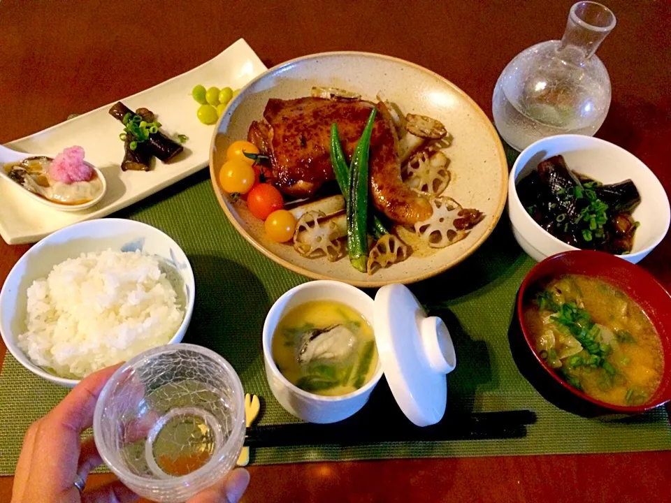 Today's Dinner🍴秋の前菜･牡蠣とほうれん草の茶碗蒸し･照り焼きﾁｷﾝ･ｷｬﾍﾞﾂとあげのお味噌汁|🌈Ami🍻さん