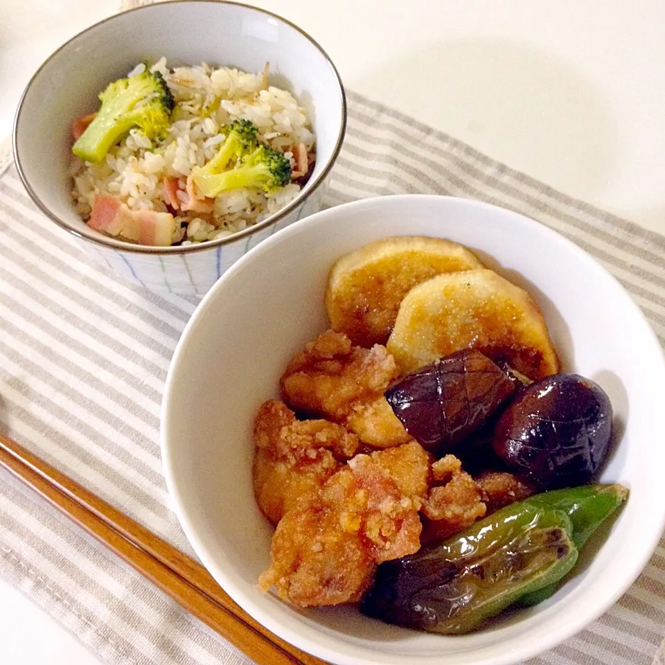 ブロッコリーとベーコンとじゃこの混ぜご飯・焼き野菜と唐揚げマリネ(長芋×茄子×ピーマン)|Accaさん