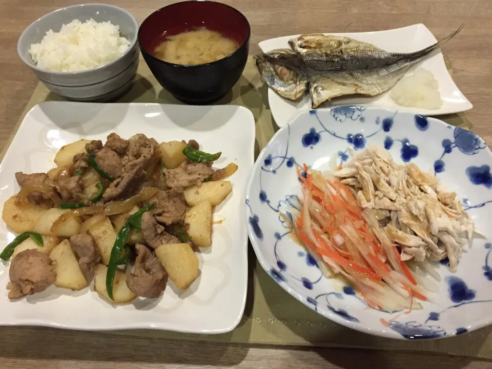 昨日のジンギスカンと長芋炒め・ササミと白菜人参の棒棒鶏風・アジの開き・キャベツもやし味噌汁|まーままさん