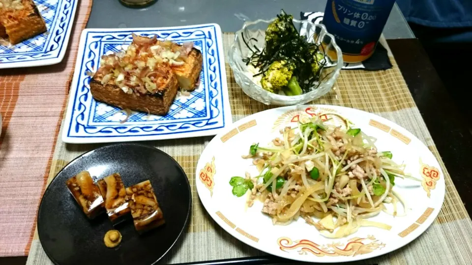 煮こごり＆厚揚げ＆ブロッコリーサラダ＆野菜炒め|まぐろさん