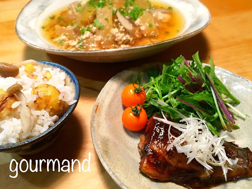 鯖のバルサ味噌煮、冬瓜のそぼろ煮、栗ごはん などの夜ごはん♪|プーティさん