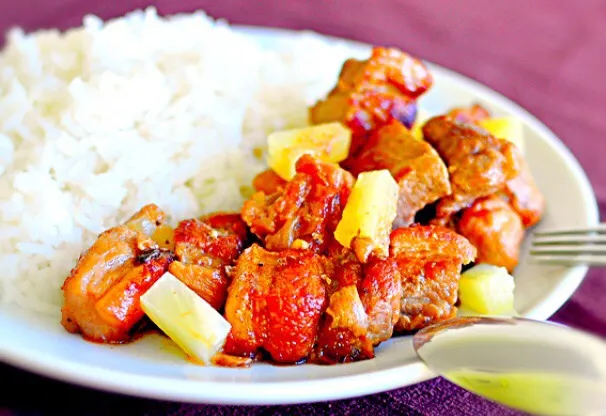 Pork adobo with sliced pine apple on rice 😍✨|Liezlさん