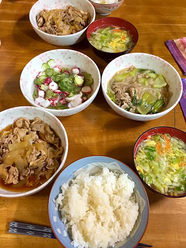 牛丼の具、野菜スープ、昨日の残り物(^O^)／|すかラインさん