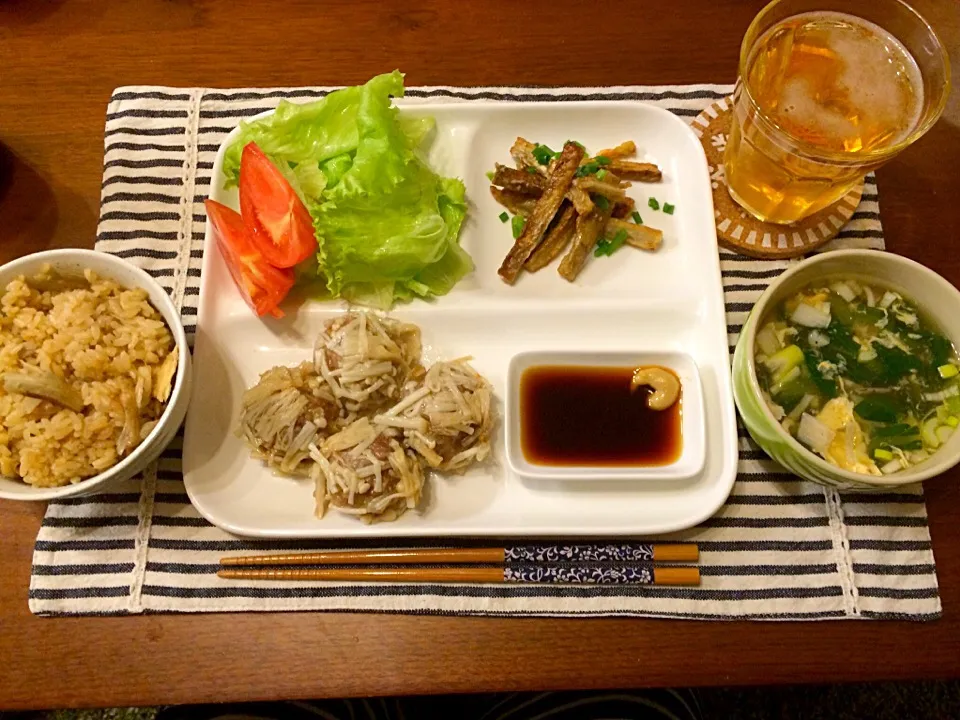 えのきシュウマイ カリカリごぼう ごぼうの炊き込みご飯 小松菜と玉子のスープ|haseseさん