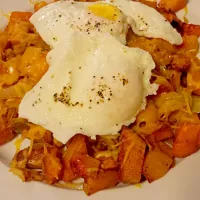 Snapdishの料理写真:roasted butternut squash and sweet potato hash topped with cheddar cheese and poached eggs|Brianaさん